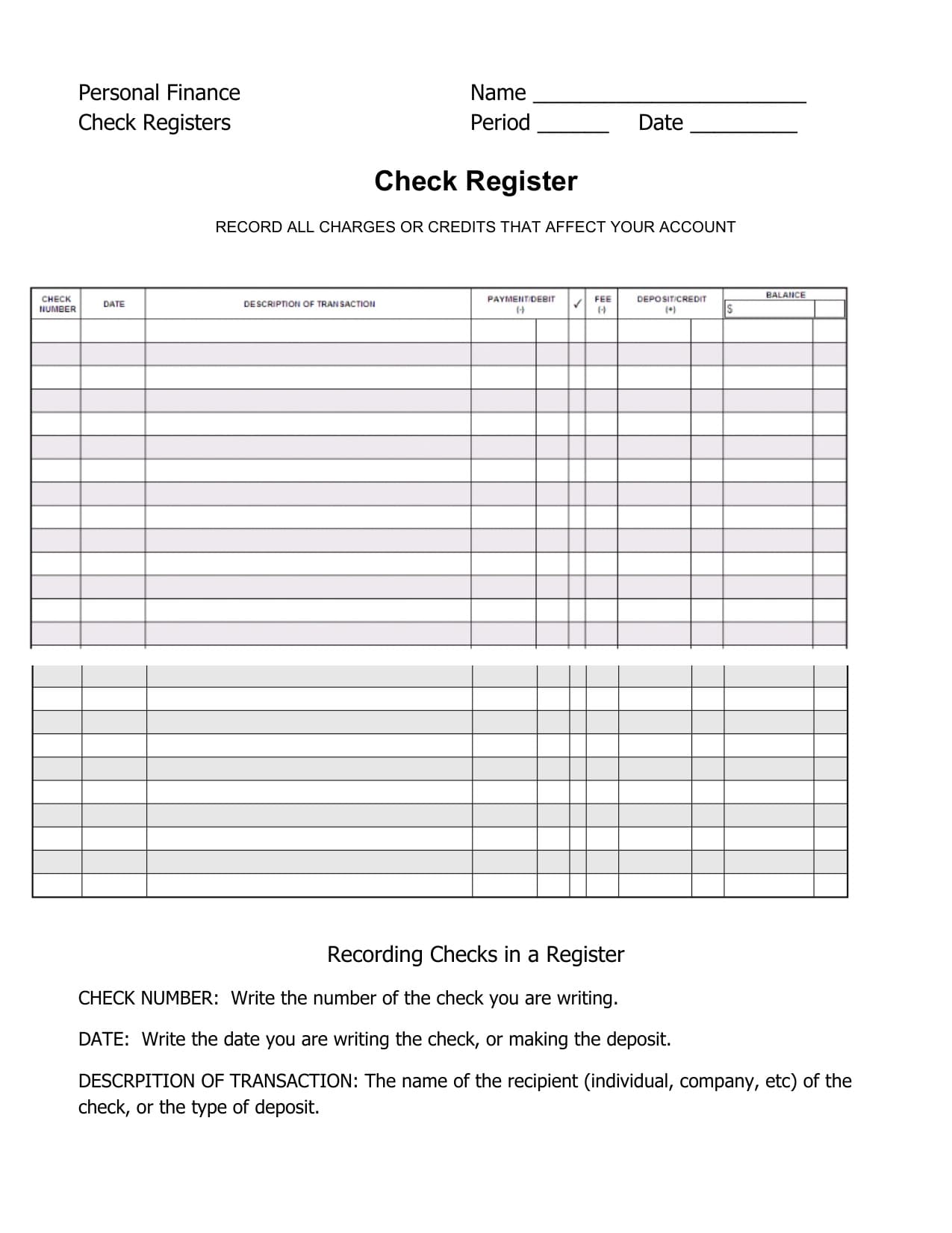 Printable Check Register Company