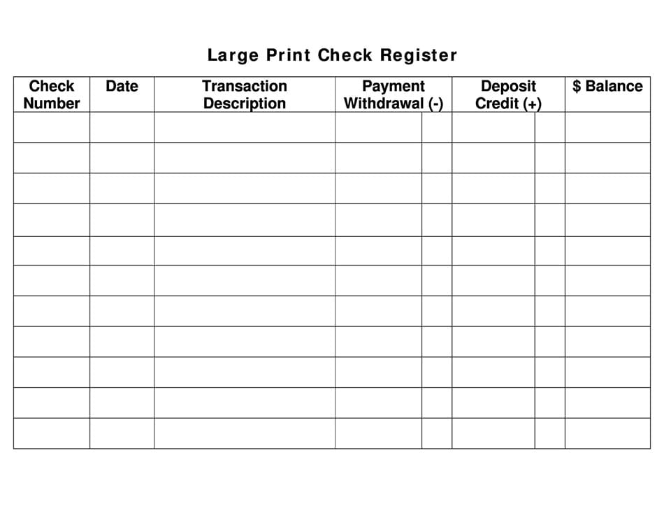Printable Check Register Large Print