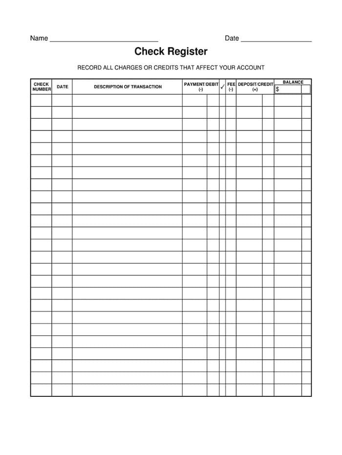 Printable Check Register Paper