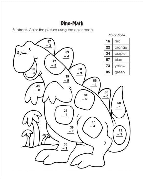 Printable Dinosaur Subtraction Paint By Number