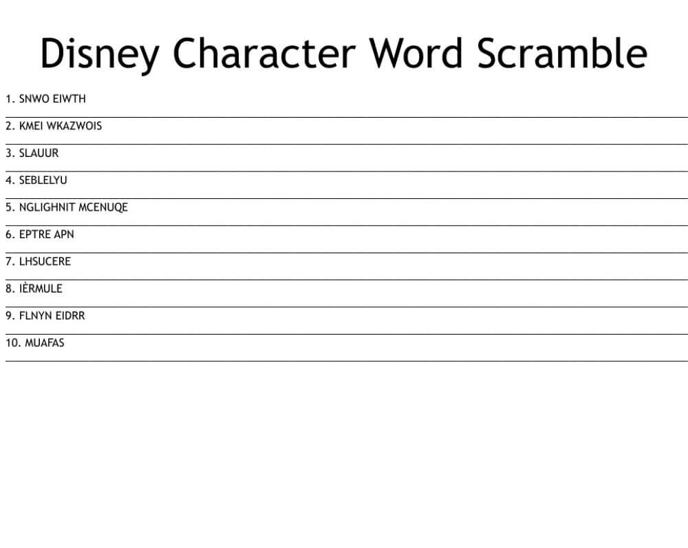 Printable Disney Characters Word Scramble - Worksheet 2