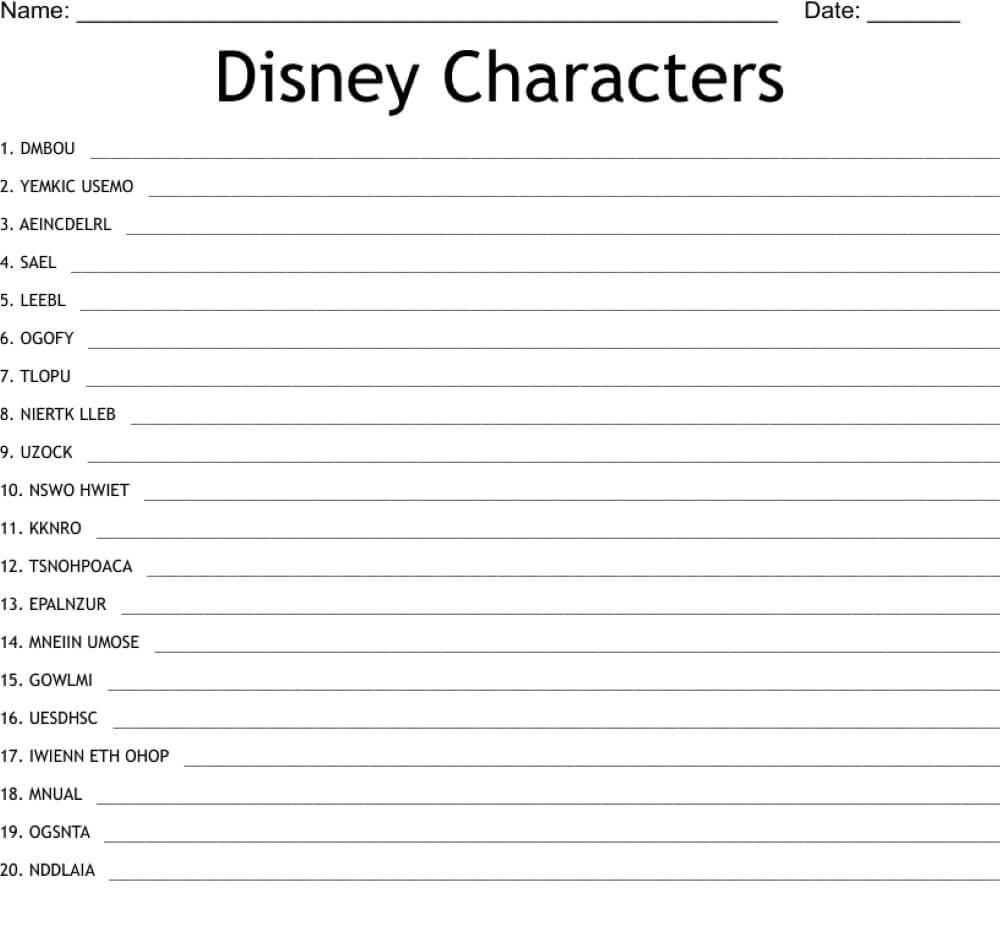 Printable Disney Characters Word Scramble – Worksheet 3
