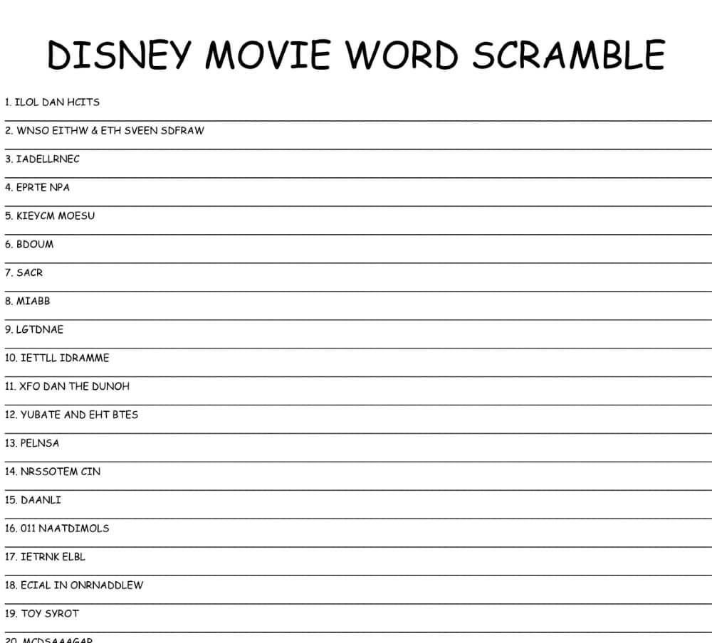 Printable Disney Movie Word Scramble for Kids