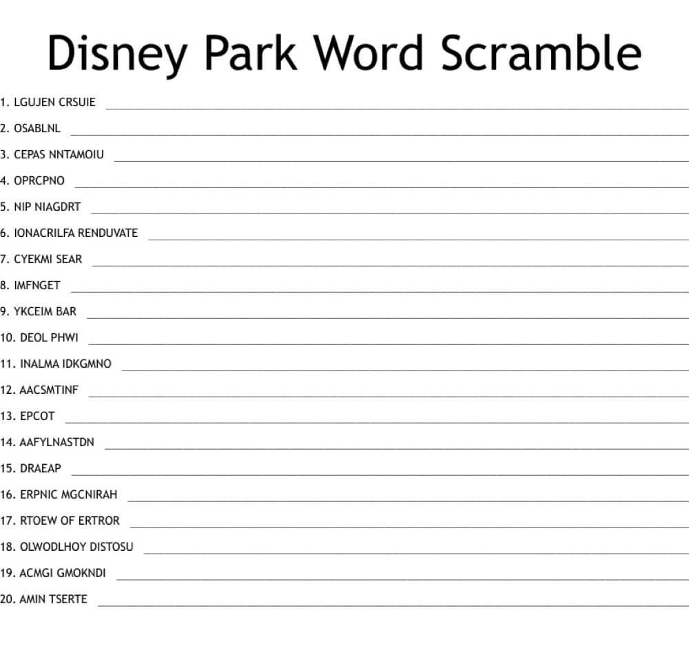 Printable Disney Park Word Scramble