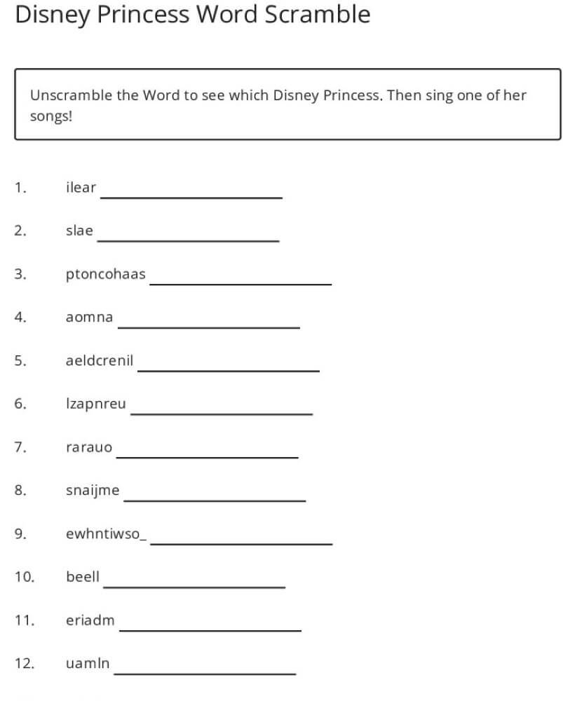 Printable Disney Princess Word Scramble - Worksheet 3