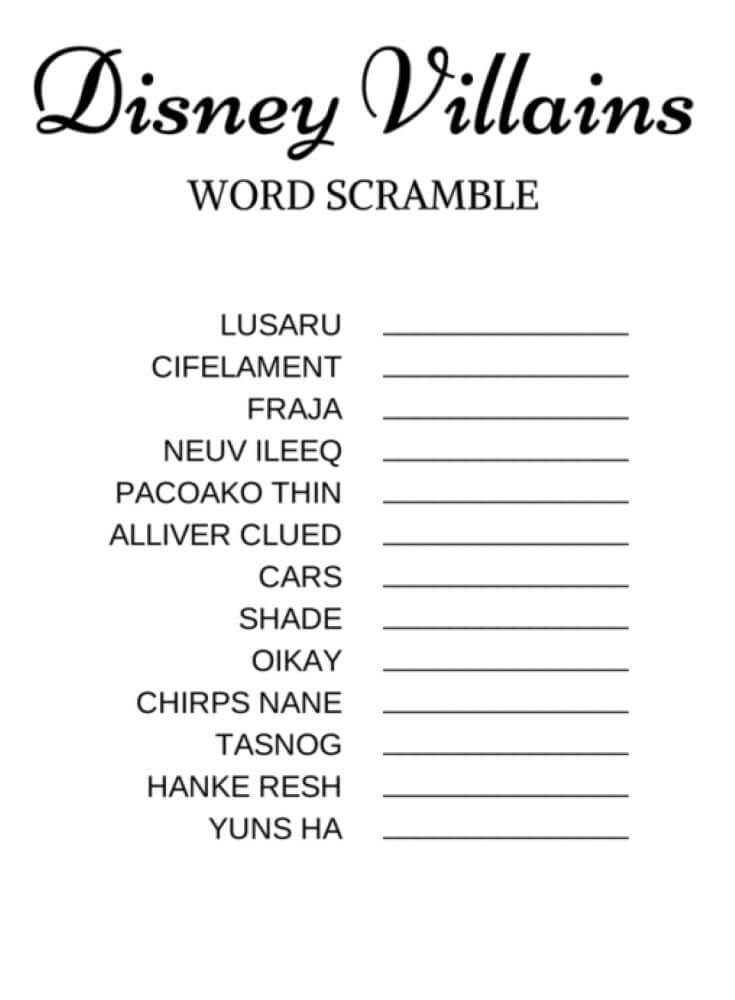 Printable Disney Villains Word Scramble - Worksheet 1