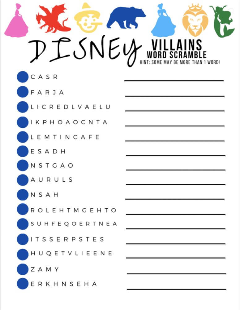 Printable Disney Villains Word Scramble - Worksheet 3
