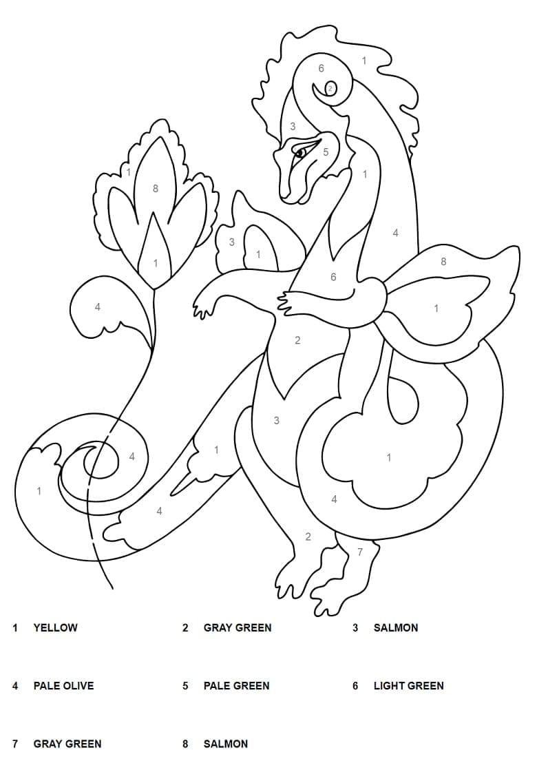 Printable Dragon and Flower Paint by Number