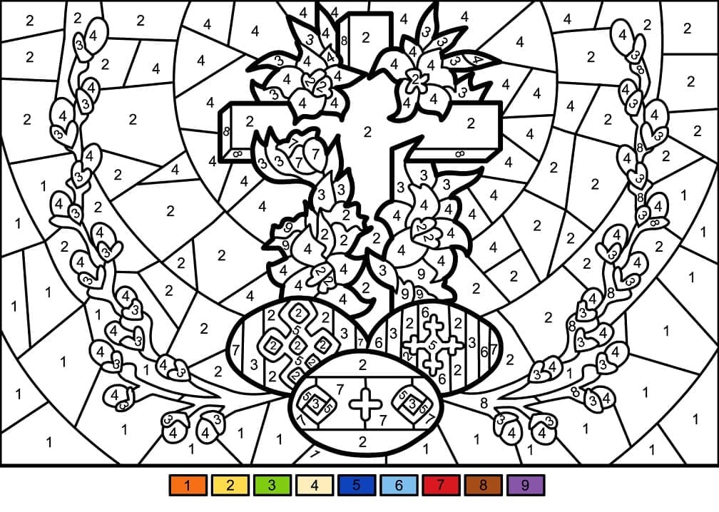 Printable Easter Cross and Eggs Paint by Number