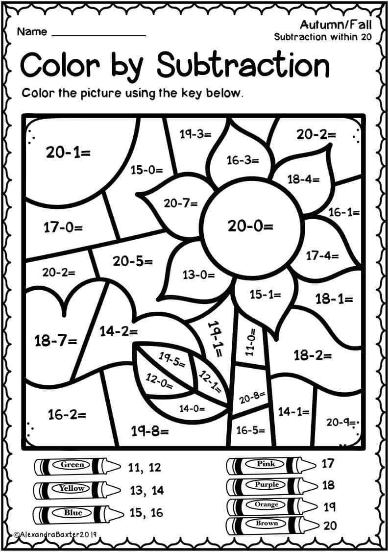 Printable Free Subtraction Paint By Number Worksheet