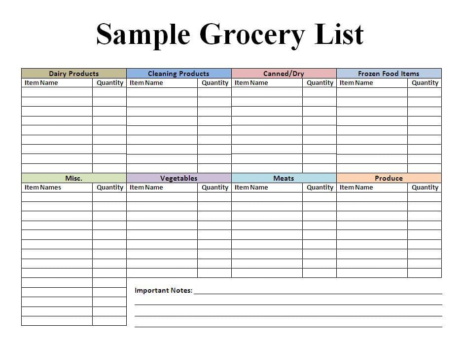 Printable Grocery List Sample