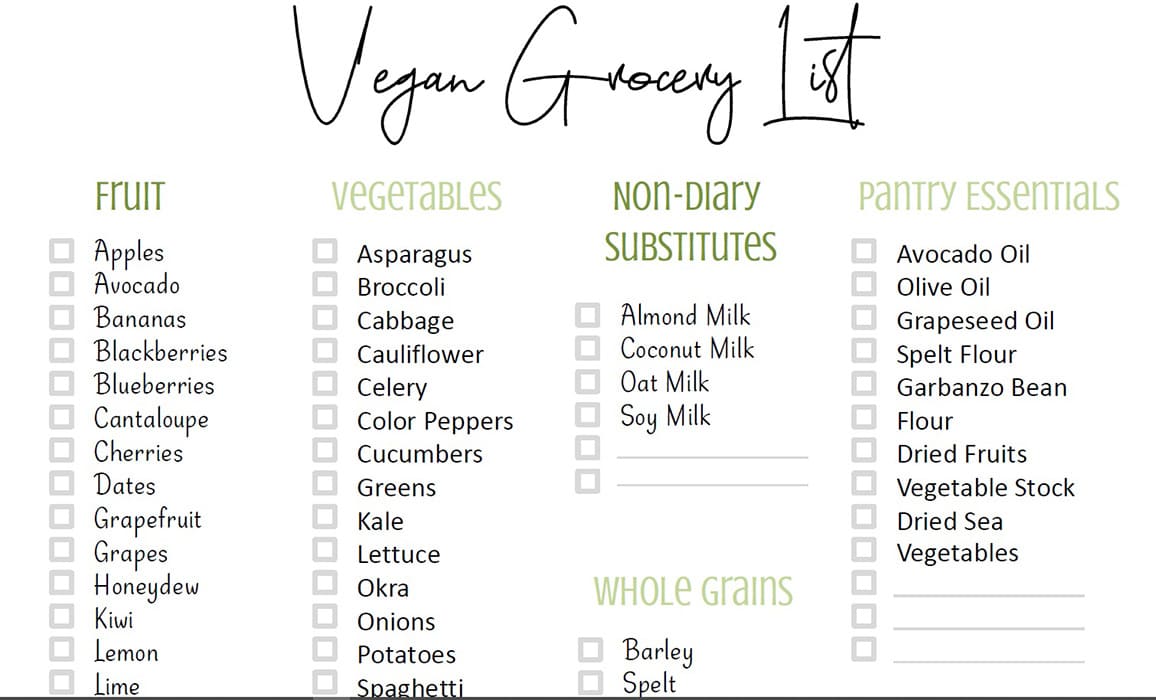 Printable Grocery List Vegetarian