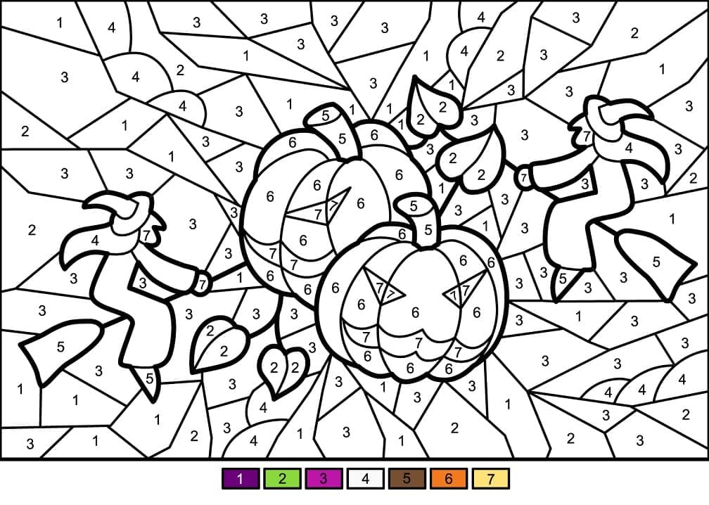 Printable Halloween Pumkins and Witches Paint by Number