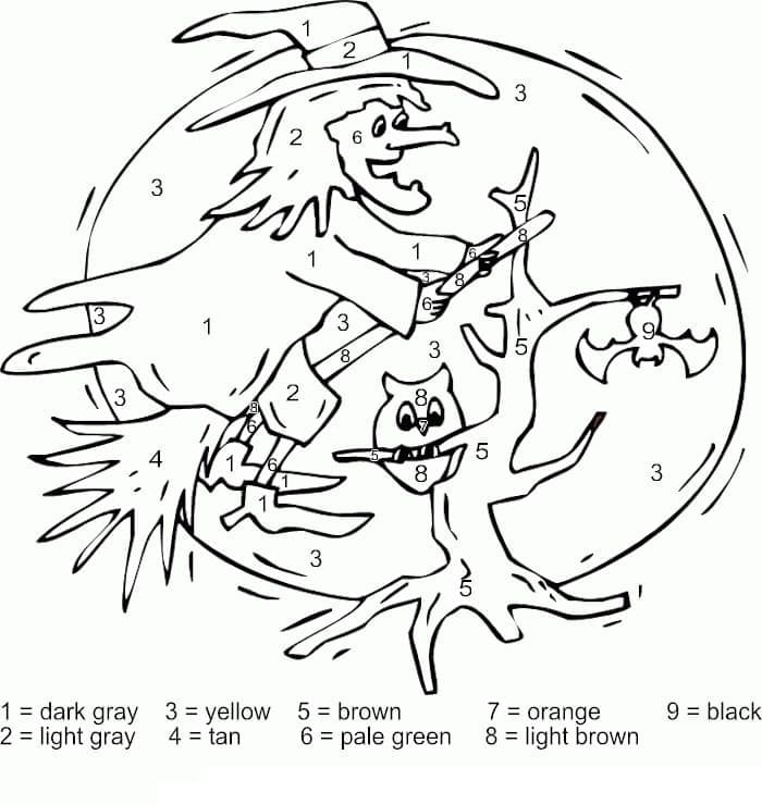 Printable Halloween Witch Flying Paint by Number