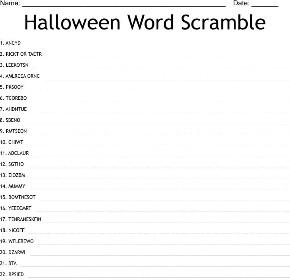 Printable Halloween Word Srcramble for Kids