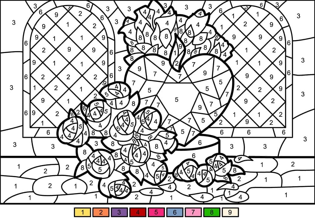 Printable Heart and Flowers Paint by Number