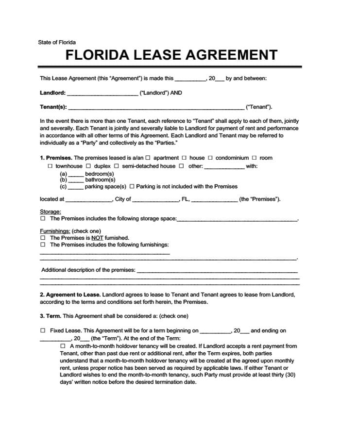 Printable Lease Agreement Florida
