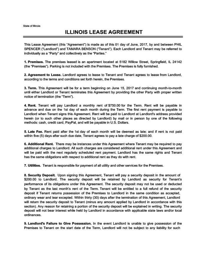 Printable Lease Agreement Illinois