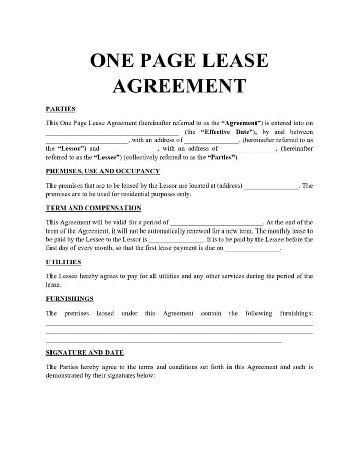 Printable Lease Agreement One Page