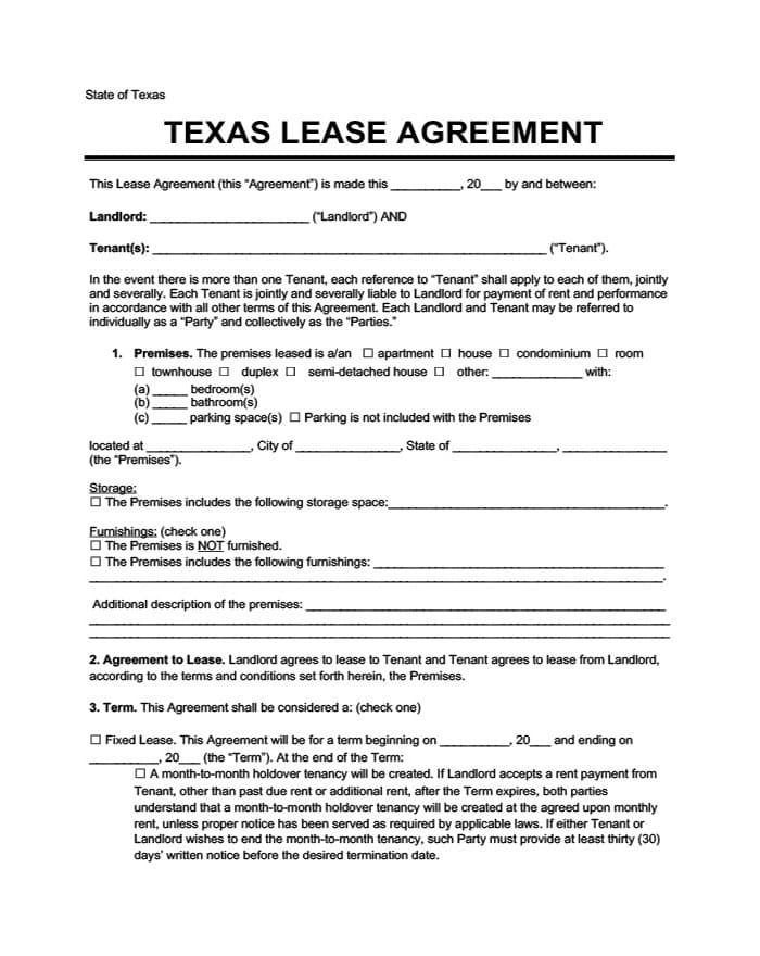 Printable Lease Agreement Texas