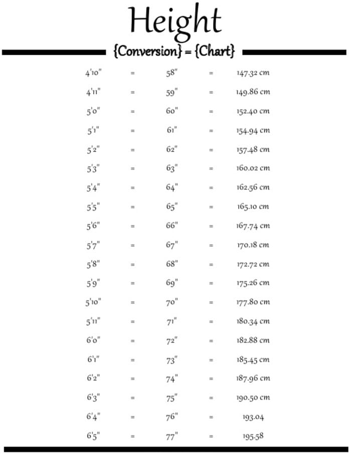 Printable Metric Conversion Chart Height