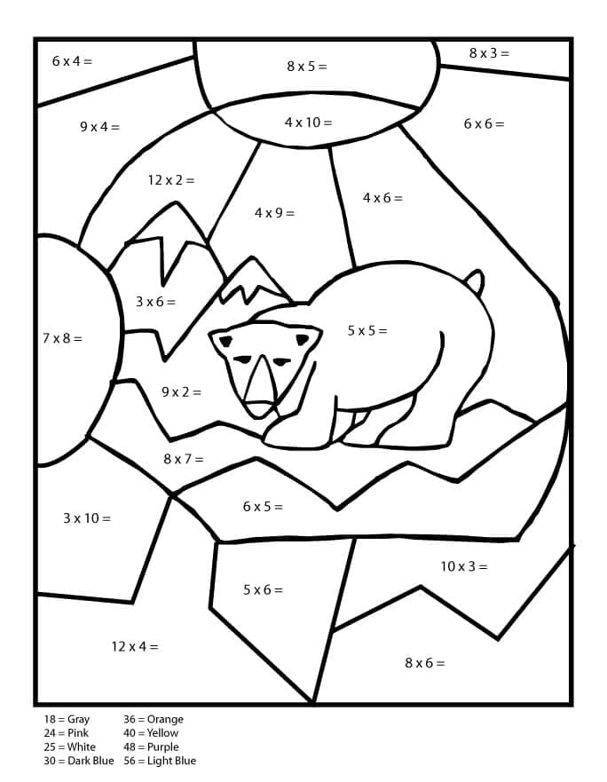 Printable Polar Bear Multiplication Paint by Number