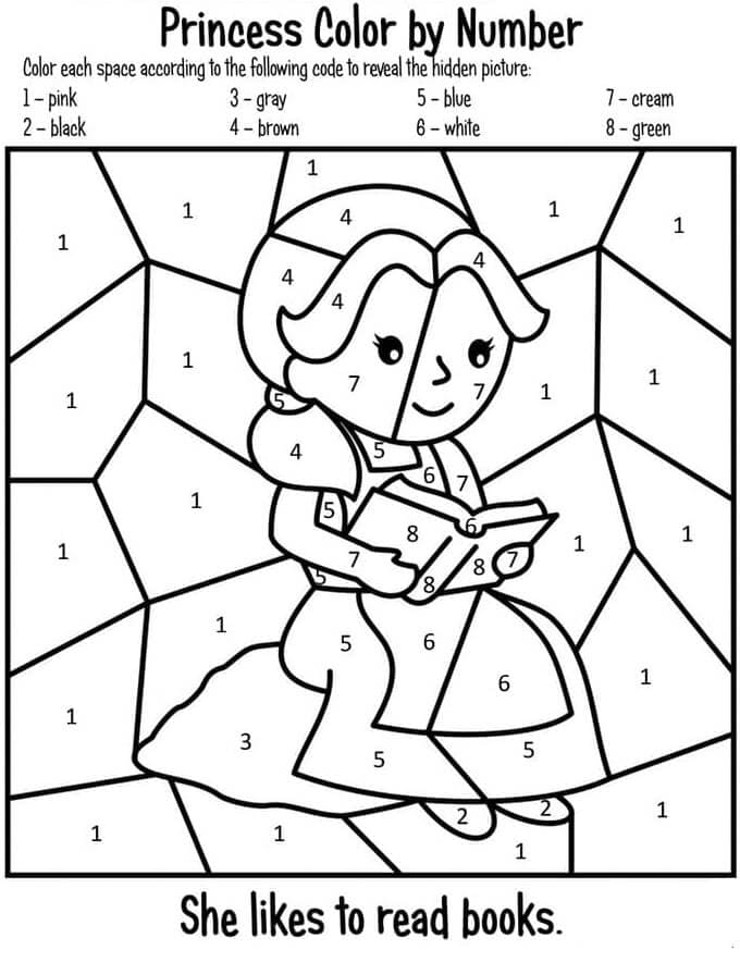 Printable Princess Reading Book Paint by Number