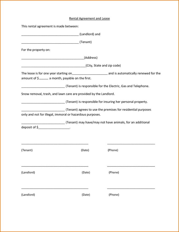 Printable Rental Agreement And Lease