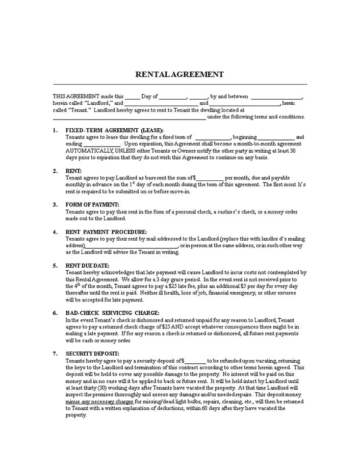 Printable Rental Agreement Blank