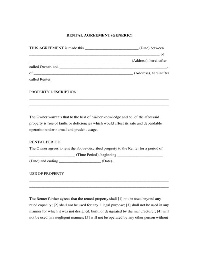 Printable Rental Agreement Generic