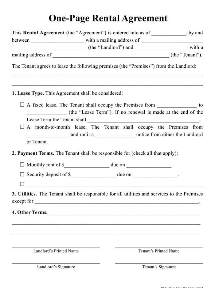 Printable Rental Agreement One Page