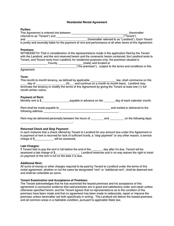 Printable Rental Agreement Residential