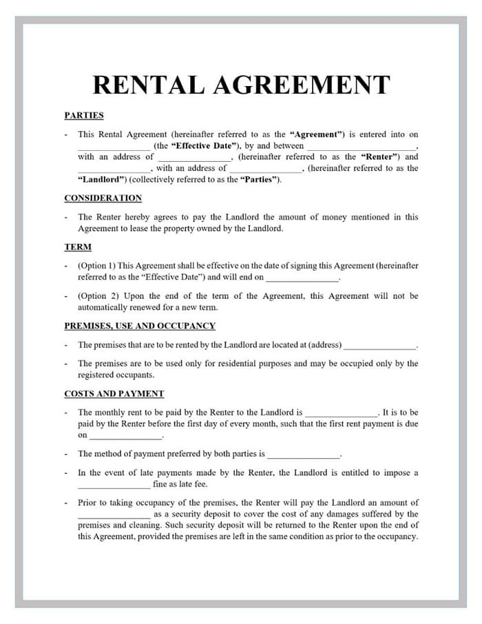 Printable Rental Agreement