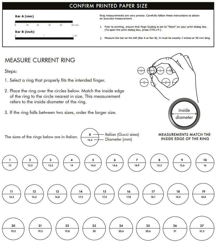 Printable Ring Size Chart Gucci