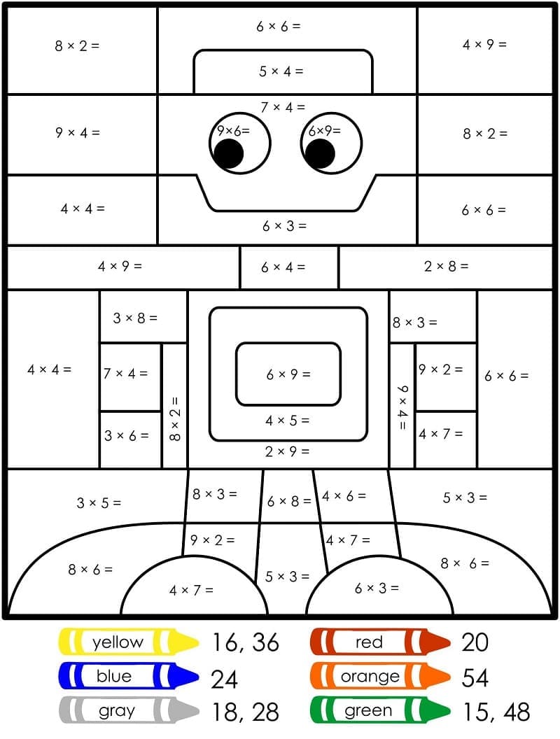 Printable Robot Multiplication Paint by Number