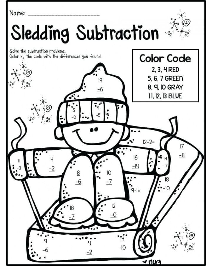 Printable Sledding Subtraction Paint By Number