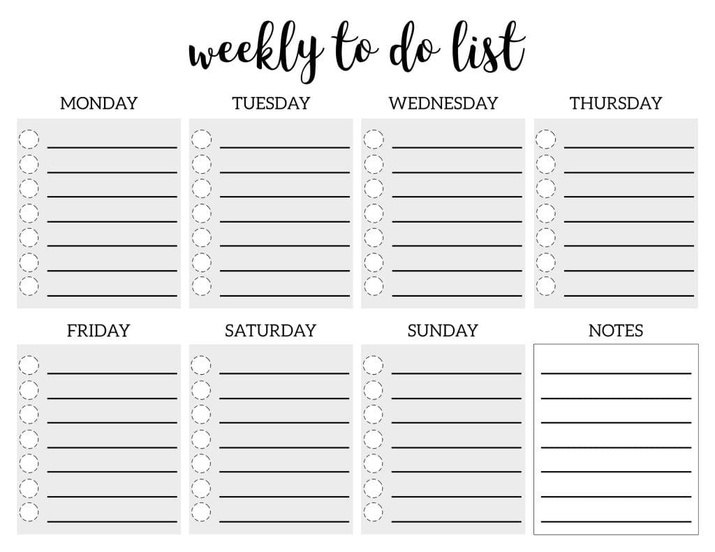 Printable Weekly Calendar Checklist