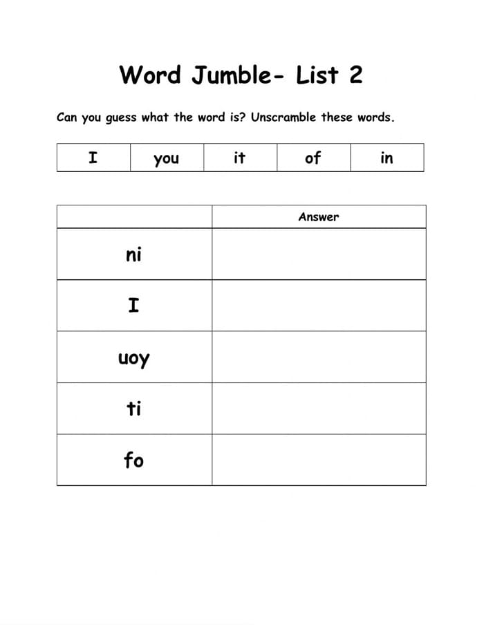 Printable 5 Word Jumble