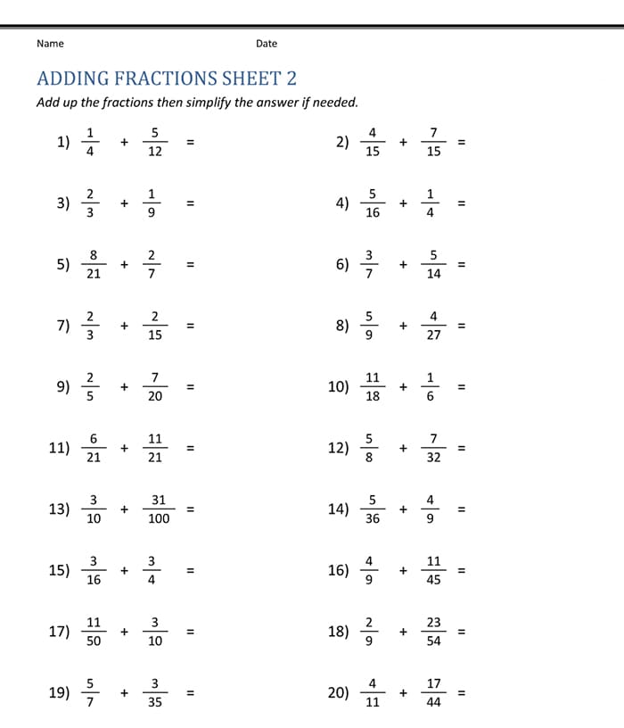Printable Adding Fractions Integers Worksheet