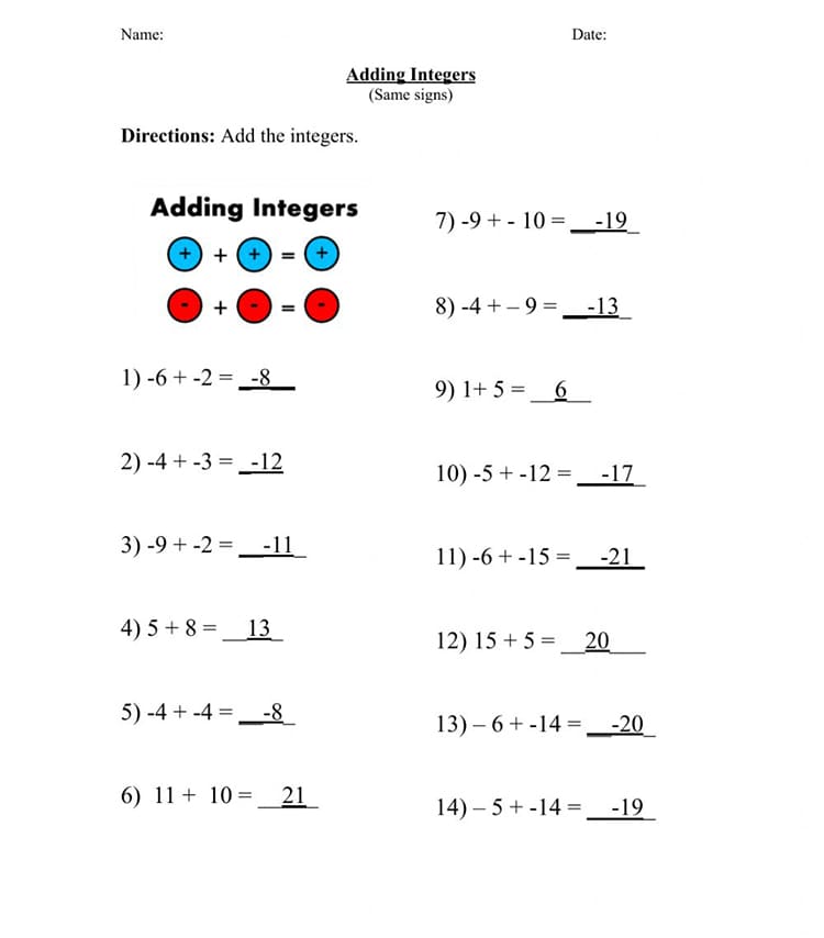 Printable Adding Integers Worksheet Answers