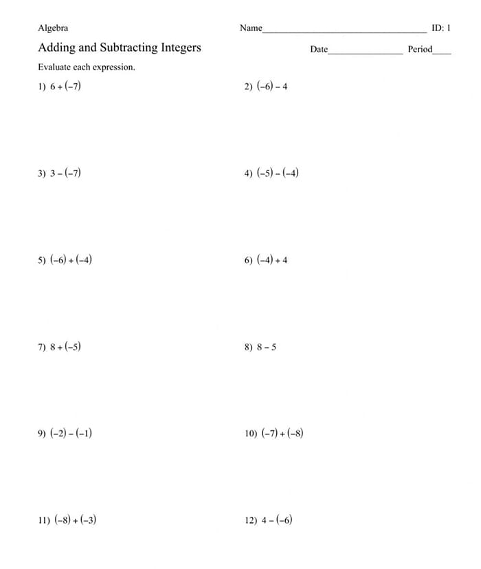 Printable Adding Integers Worksheet Free