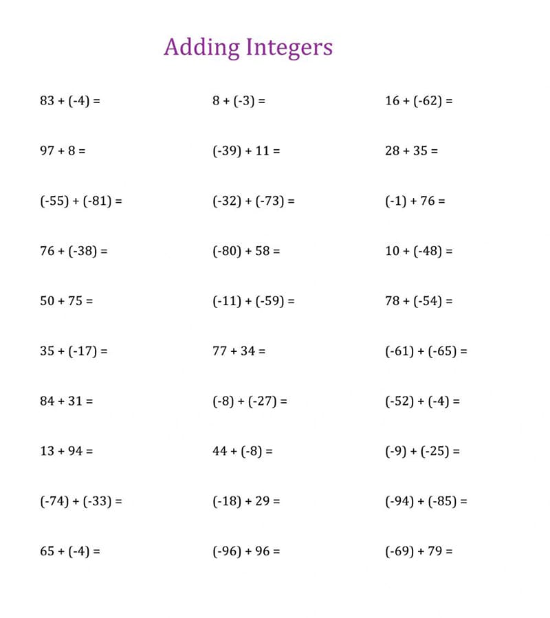 Adding Integers Worksheet