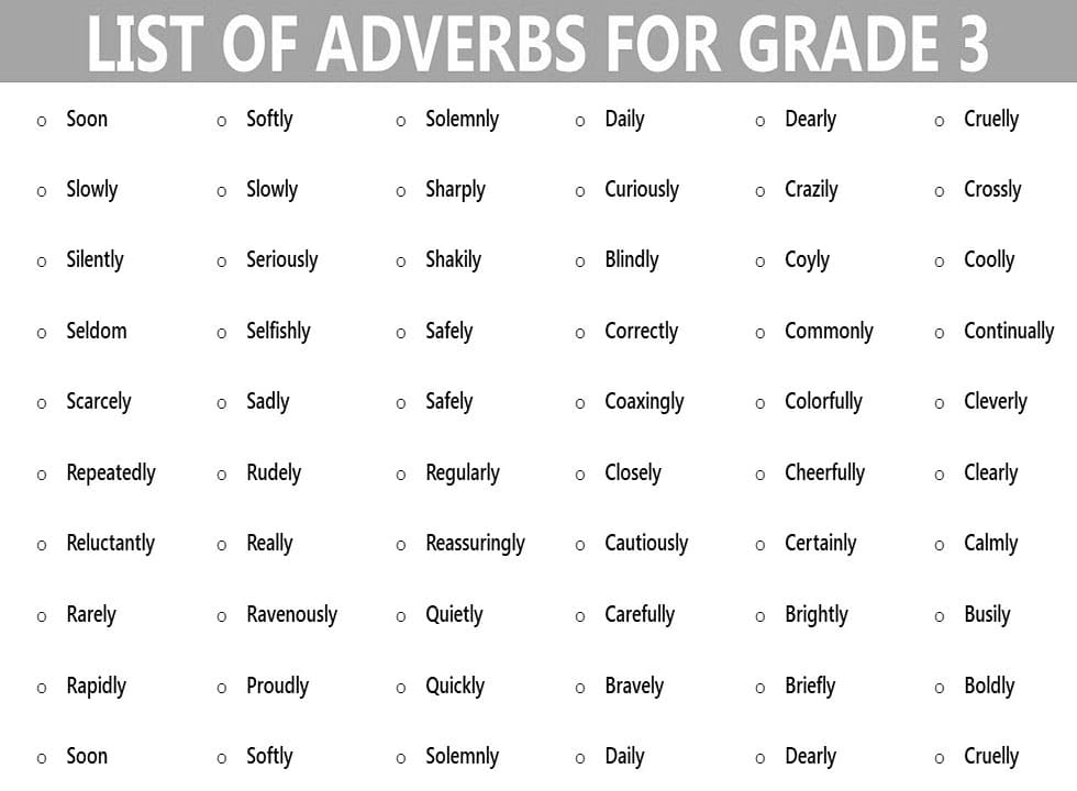Printable Adverbs List Grade 3