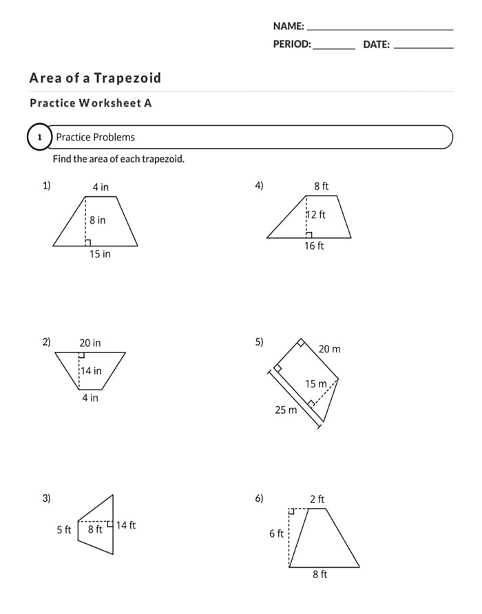 Printable Area Of A Trapezoid Free Worksheet