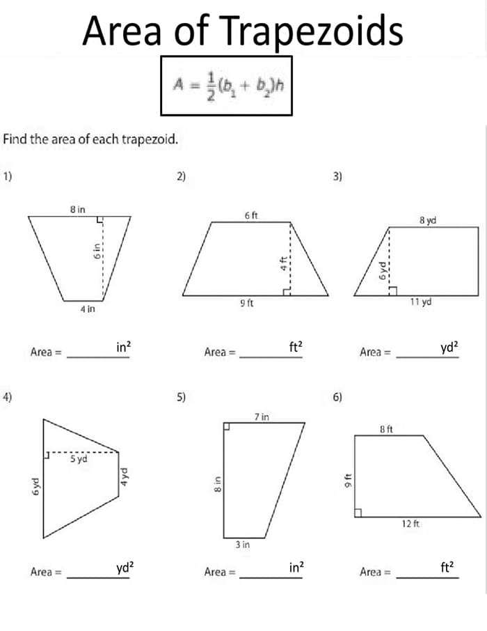 Printable Area Of A Trapezoid Worksheet
