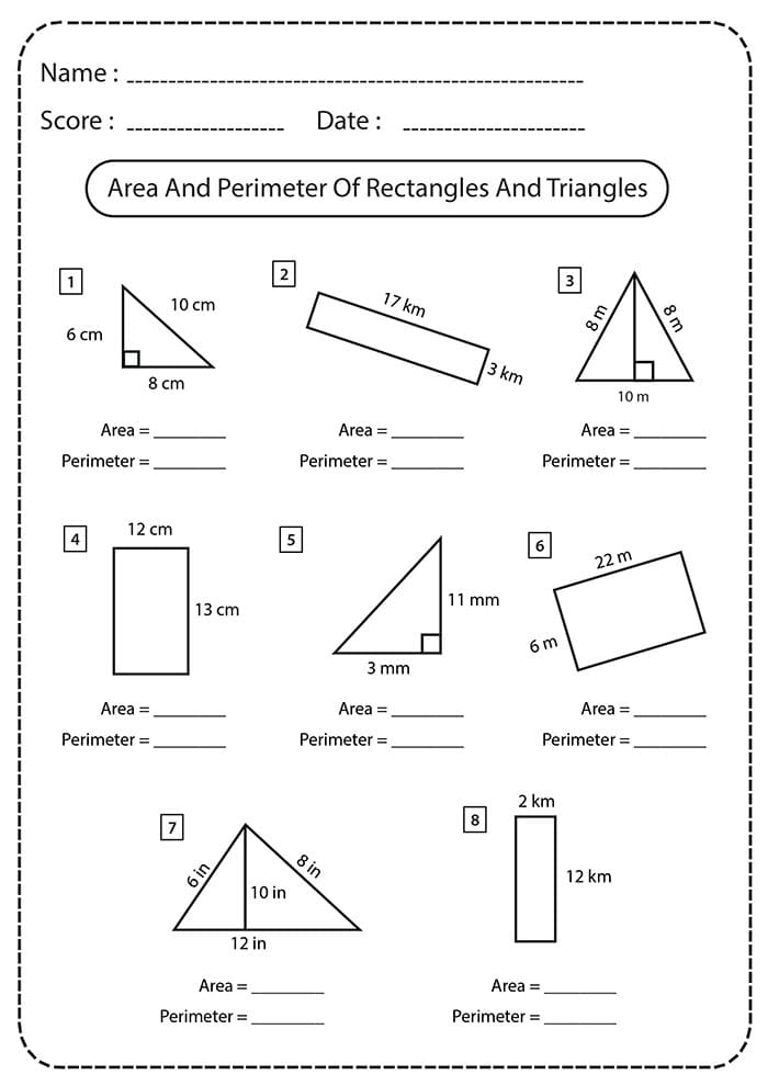 Printable Area Of A Triangle And Rectangle Worksheet