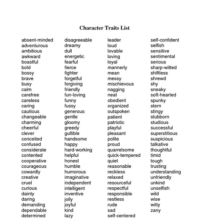 Printable Character Traits List Generator