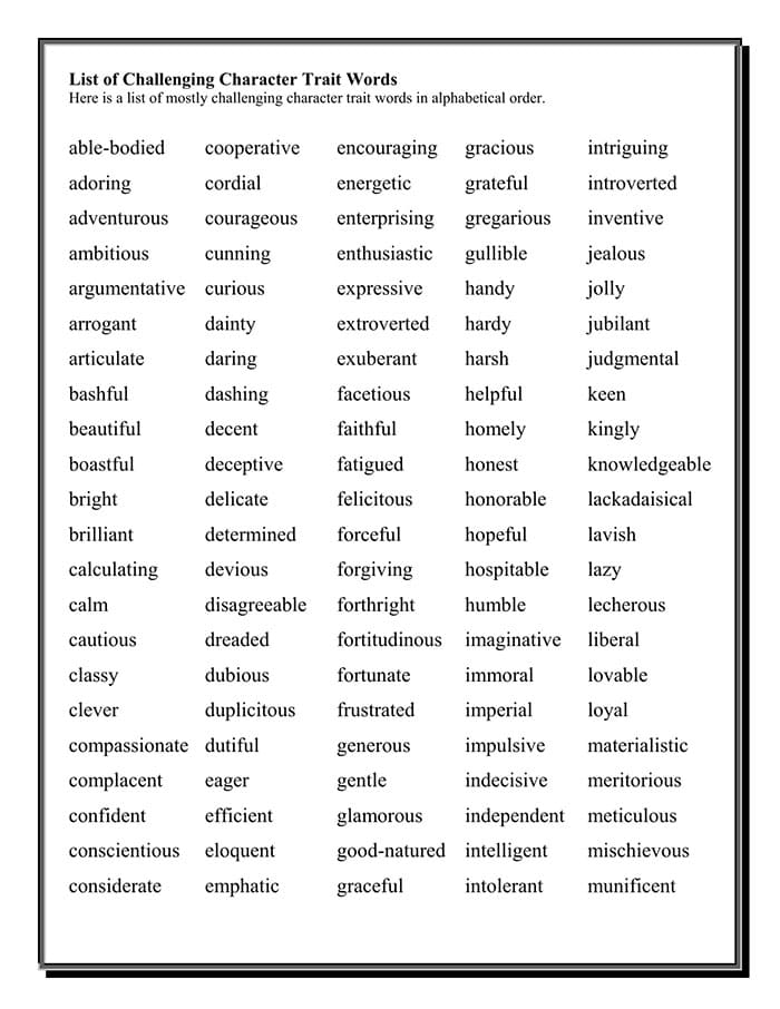 Printable Character Traits List Of Words