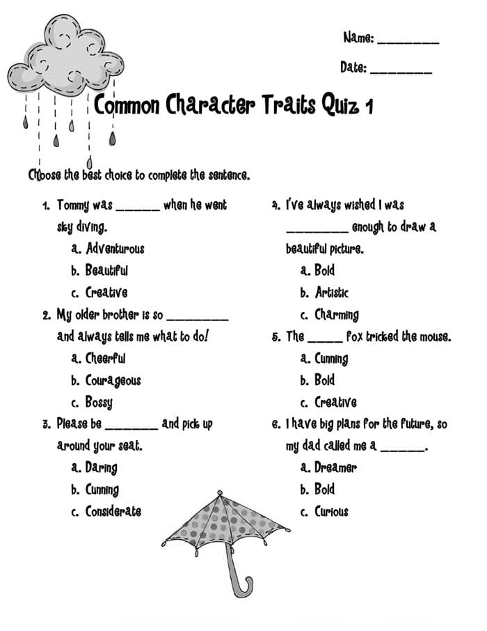 Printable Character Traits Vocabulary List