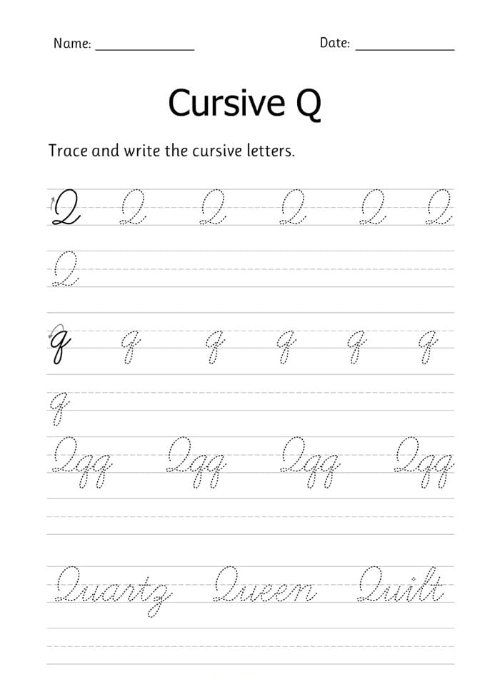 Printable Cursive Handwriting Letter Q